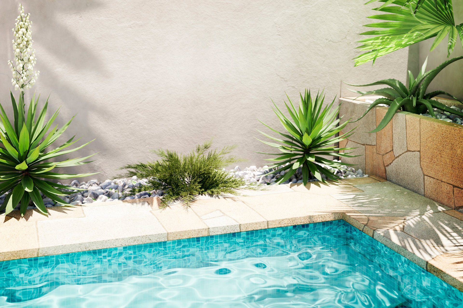 Luxury swimming pool with travertine paver patio and tropical plants stone path