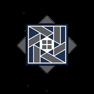 Geometric logo with navy blue and gray angular pattern inside white-bordered square, rotated diamond points above and to sides